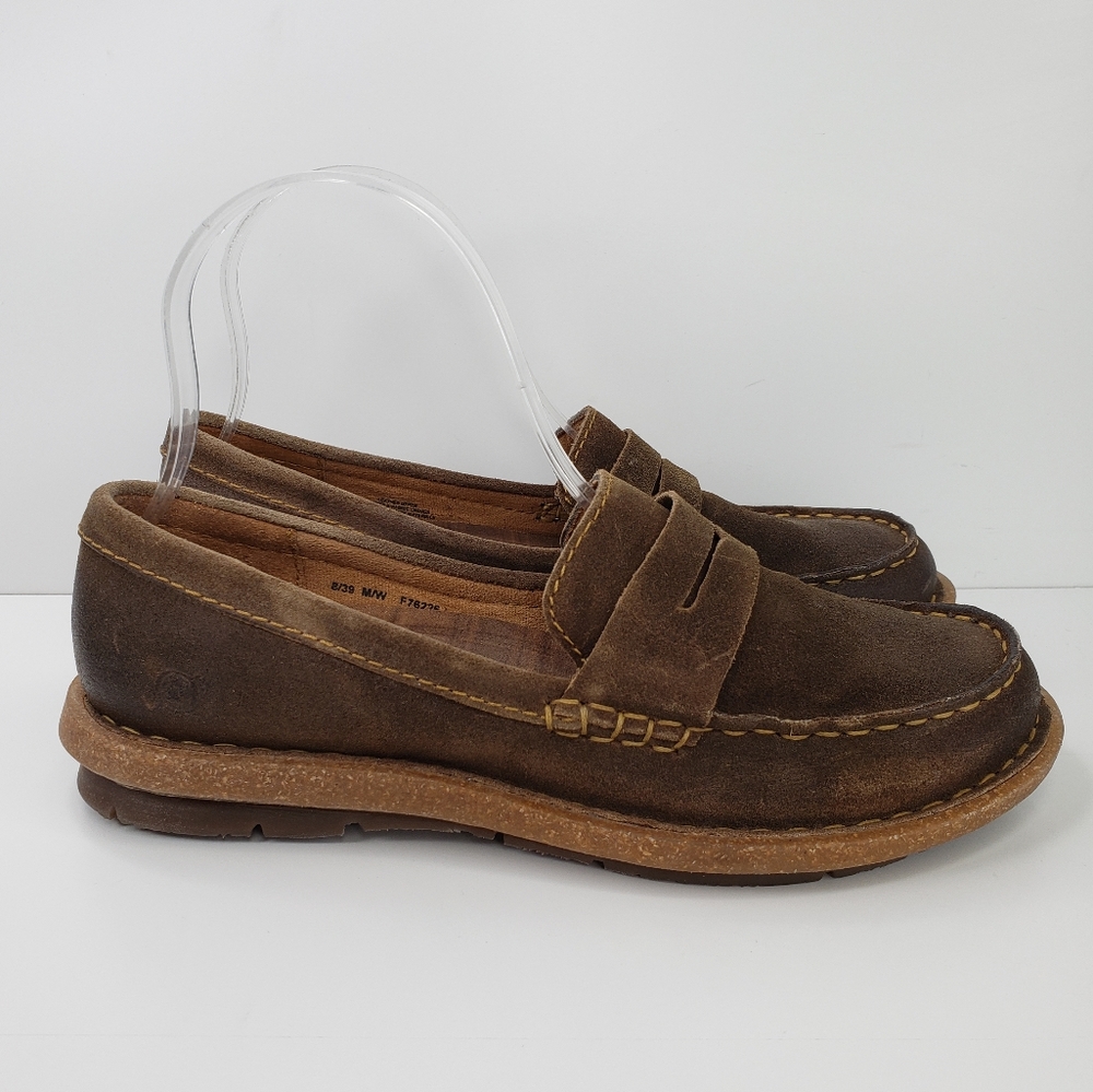 Born Tok Distressed Oiled Vintage look Brown Suede Comfort Penny Loafers Sz 8M